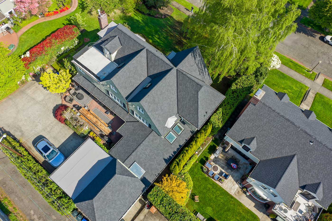 New Composite Asphalt Shingles Roof in Tacoma, Washington: overhead view of roof from an angle