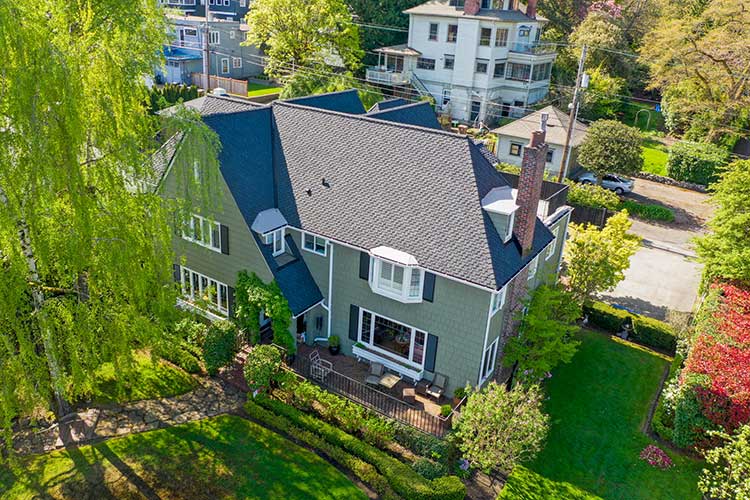 New Composite Asphalt Shingles Roof in Tacoma, Washington: overhead view of roof from an angle