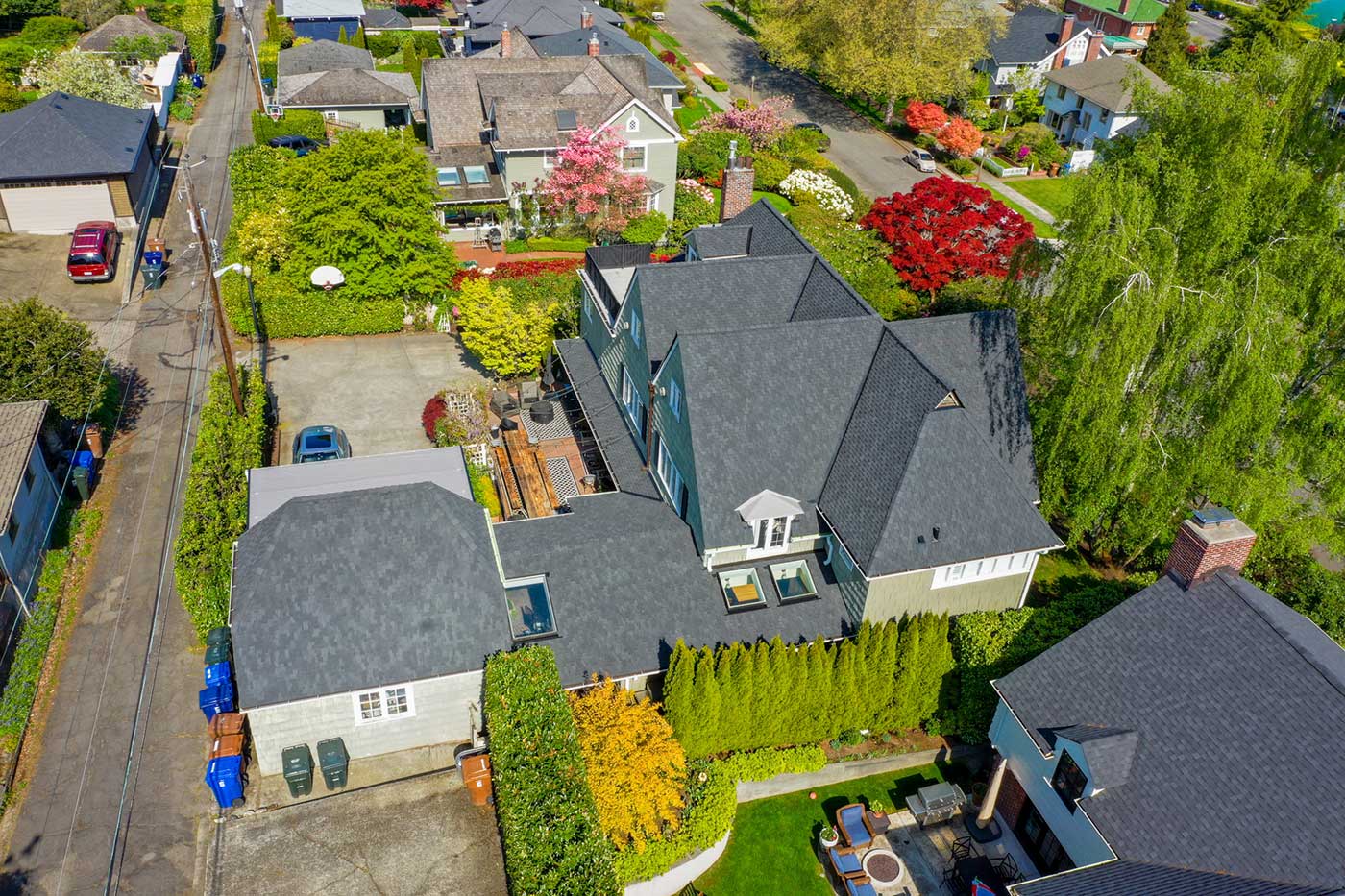 New Composite Asphalt Shingles Roof in Tacoma, Washington: overhead view of roof from an angle