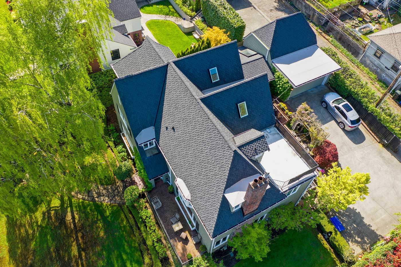 New Composite Asphalt Shingles Roof in Tacoma, Washington: overhead view of roof from an angle