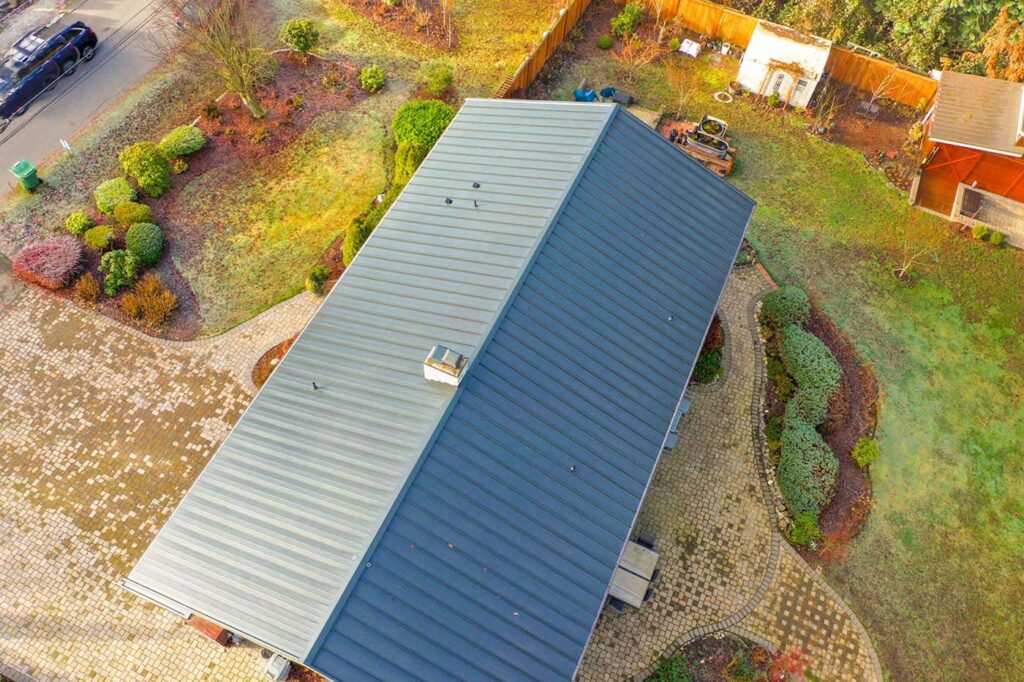 New Metal Roof in Bellevue, Washington: overhead view of metal roof from an angle