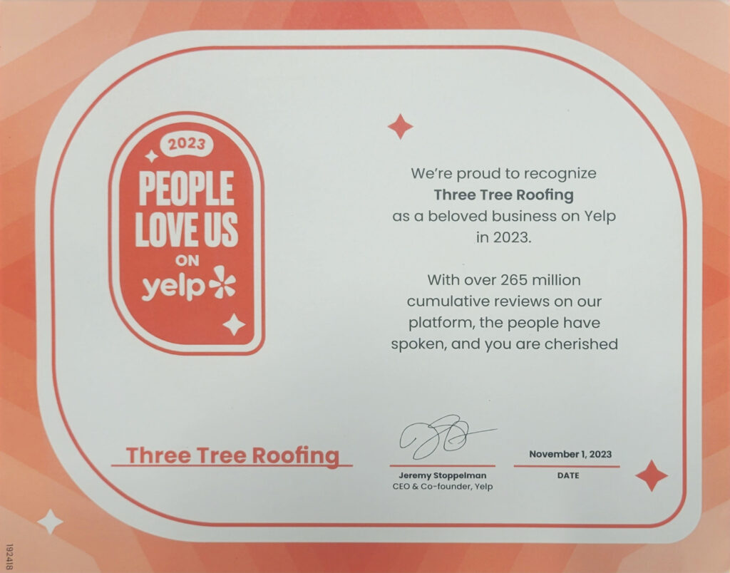 Three Tree Roofing Award from People Love Us on Yelp
