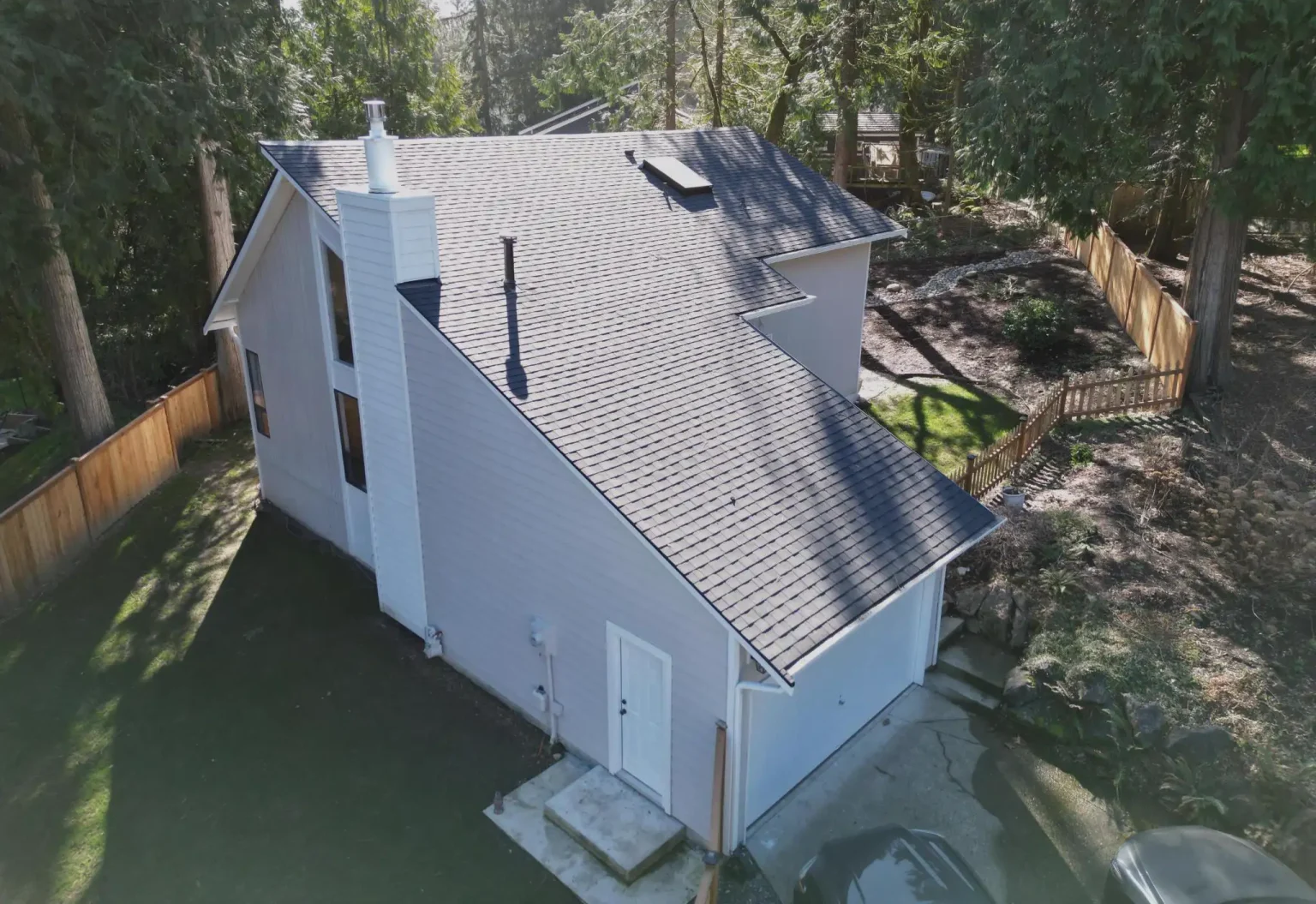 Angled view from above of the composite asphalt shingle roof in Sammamish, Washington
