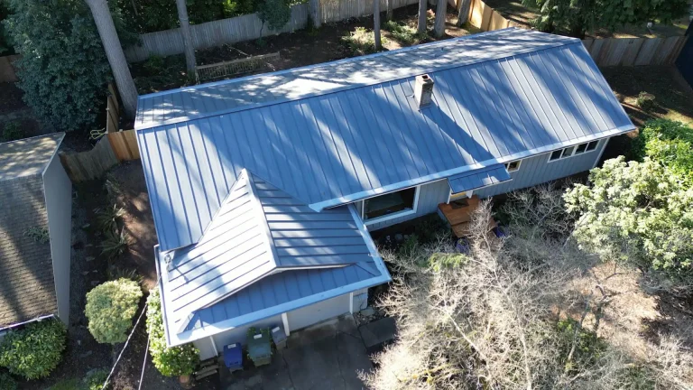 Aerial view from the front of the house featuring the beautiful Nu-Ray metal roof in Bellevue, Washington.