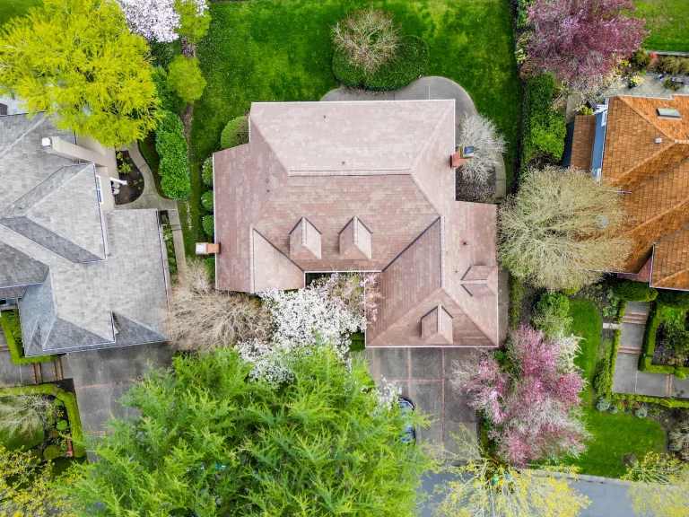 Overhead view of front of house with a new Synthetic Cedar Shake Roof in Mercer Island, Washington
