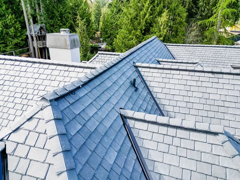 Close up view of ridge vents on house with a new Synthetic Slate Roof in Shoreline, Washington