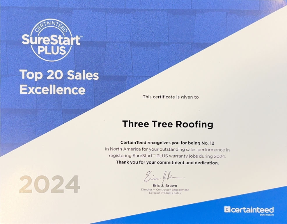 Three Tree Roofing's 2024 Award from CertainTeed - #12 in North America SureStart Plus 2024
