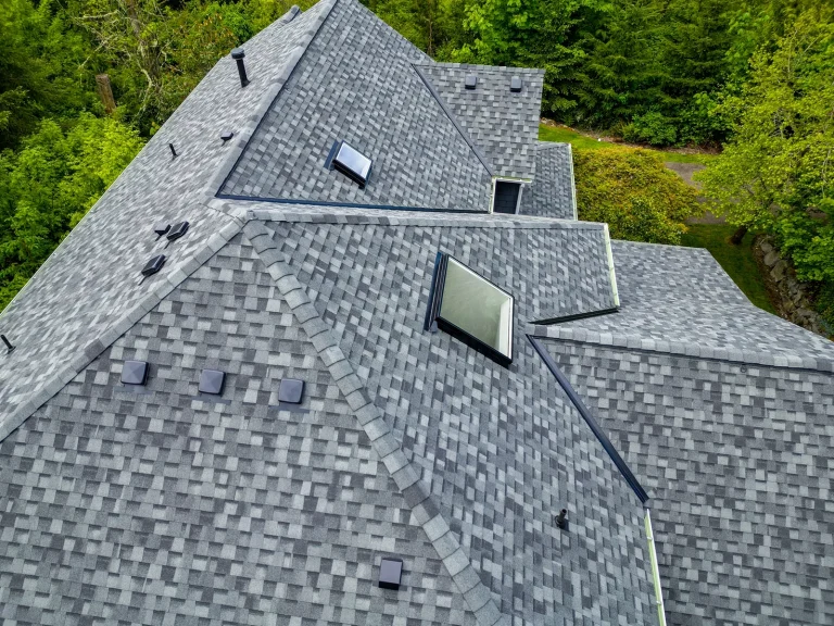 Close up view of roof new skylight and other details of a new Composite Asphalt Shingle New Roof Replacement in Bellevue, Washington