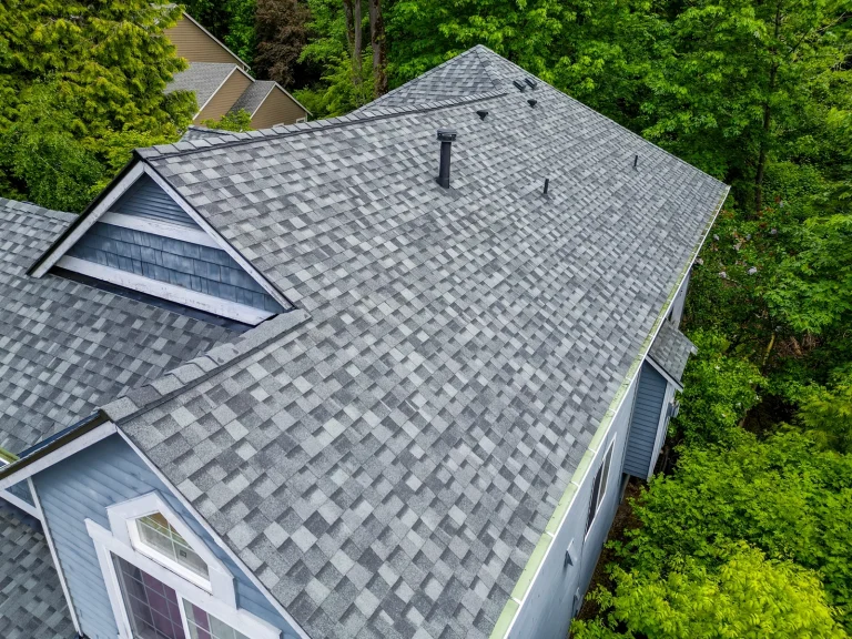 Close up view of roof details of a new Composite Asphalt Shingle New Roof Replacement in Bellevue, Washington