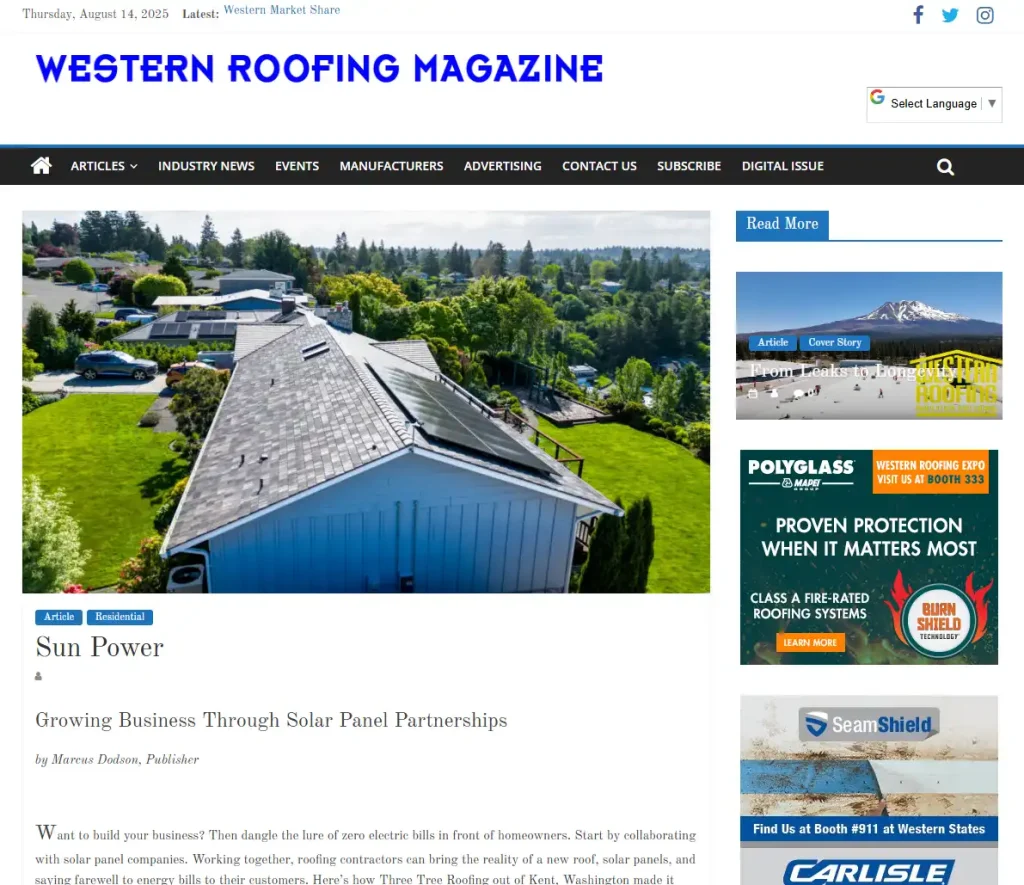 Western Roofing Magazine Website - Sun Power Blog Post -  July - August 2025 Issue