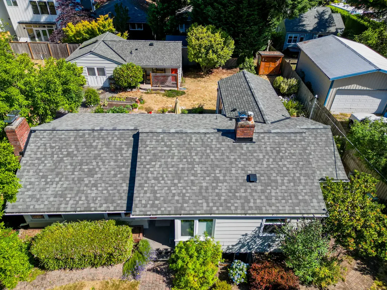 Overhead view of front of Composite Asphalt Shingle Roof Replacement in Seattle, Washington