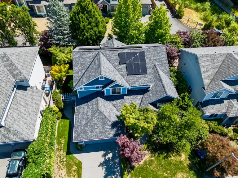Overhead view of Composite Asphalt Shingles with Existing Solar in Renton, Washington