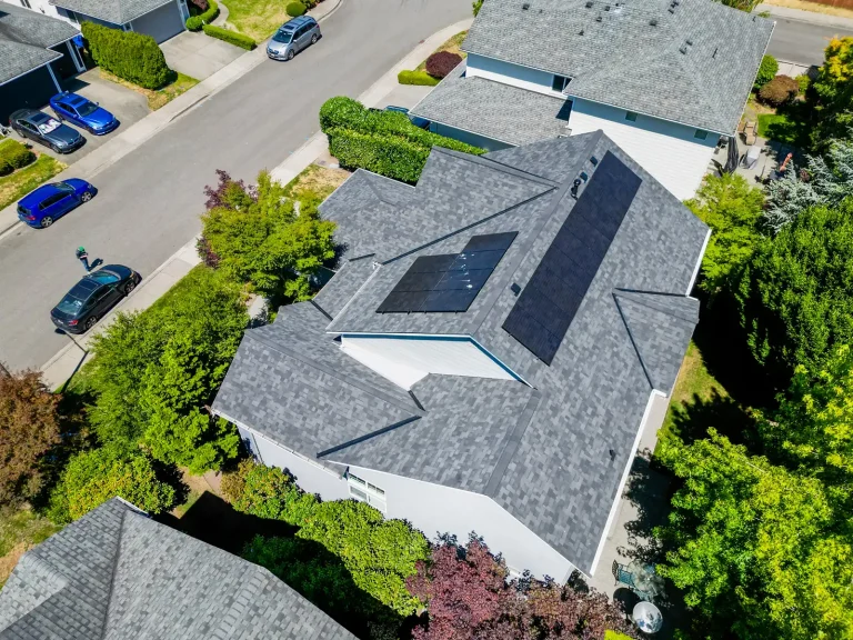 Overhead view of Composite Asphalt Shingles with Existing Solar in Renton, Washington