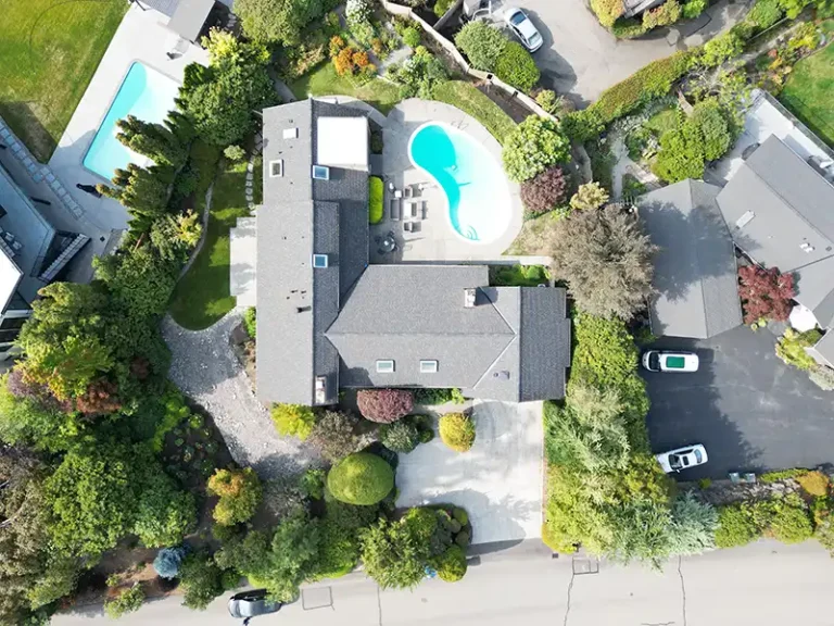 Overhead view from the top of a Composite Roof with Flat section in Clyde Hill, Washington.