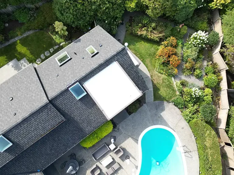 Overhead view of a flat roof section of a Composite Roof with Flat section in Clyde Hill, Washington.