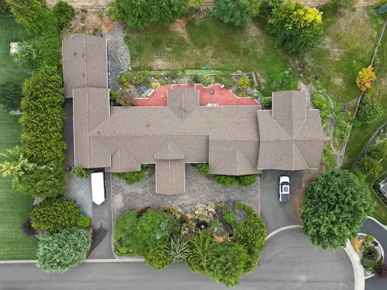 Overhead view from the top of a large complex roof with valleys in Tacoma, Washington
