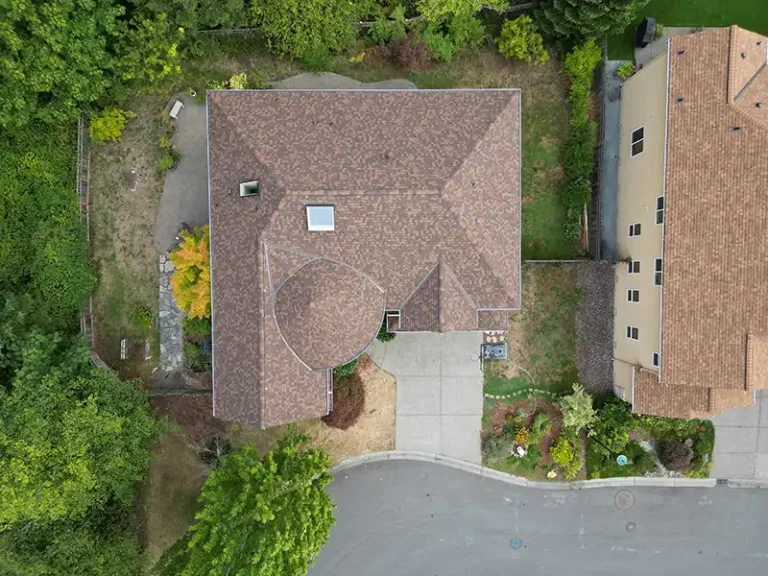 Overhead view from the top of a New Composite Roof for Castle in Renton, Washington