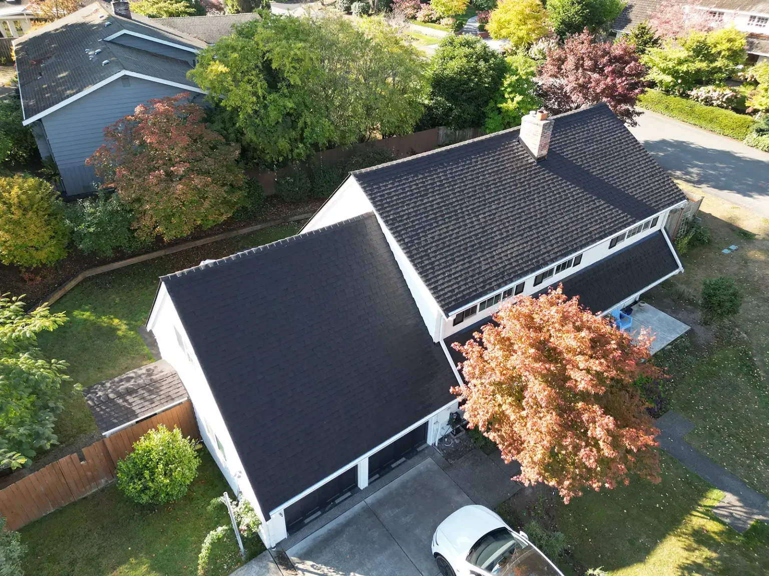 Overhead view from an angle of a New Composite Roof in Bellevue, Washington