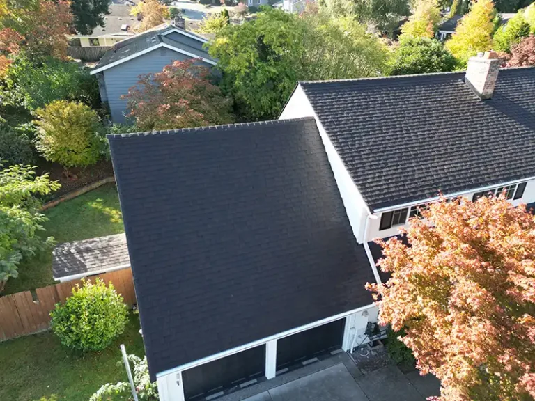 Close up view of a garage roof of a New Composite Roof in Bellevue, Washington