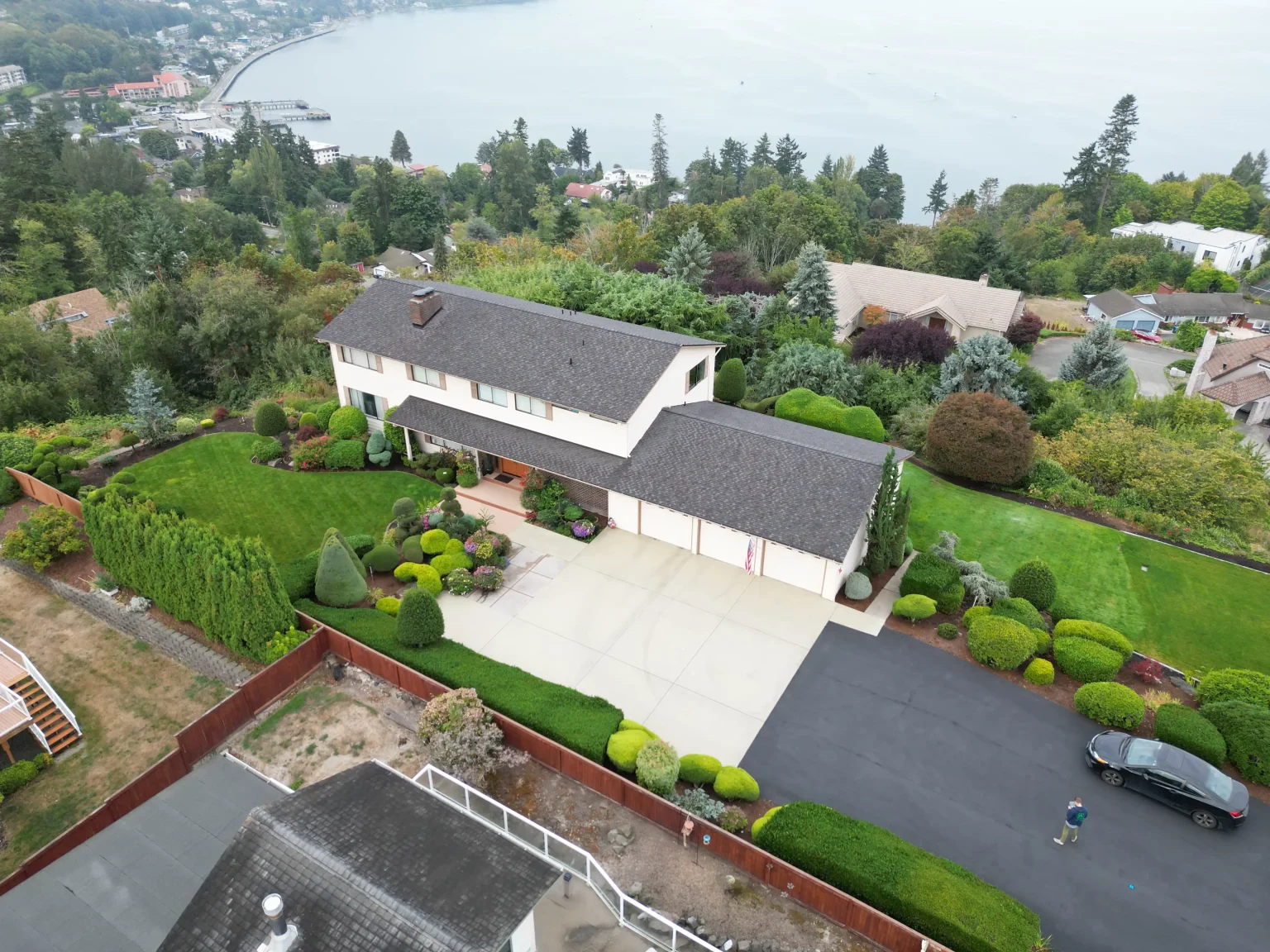 Zoomed out overhead view from an angle of a New Composite Roof in Des Moines, Washington