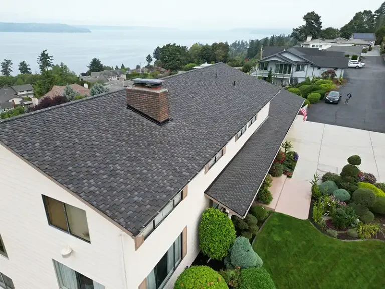 Close up view from an angle of a New Composite Roof in Des Moines, Washington