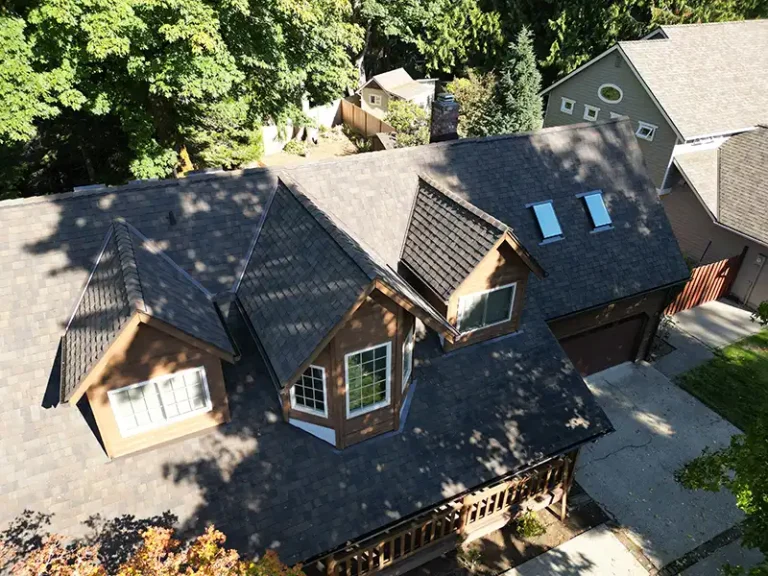 Close up overhead view from an angle of a New Composite Roof in Sammamish, Washington