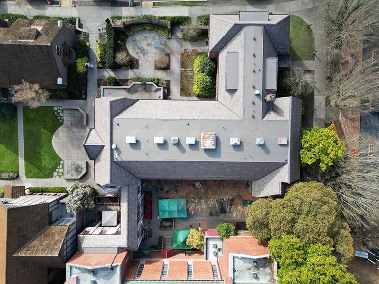 View of top of a building with a Synthetic Shake Shingle Church and School Roof in Seattle, Washington